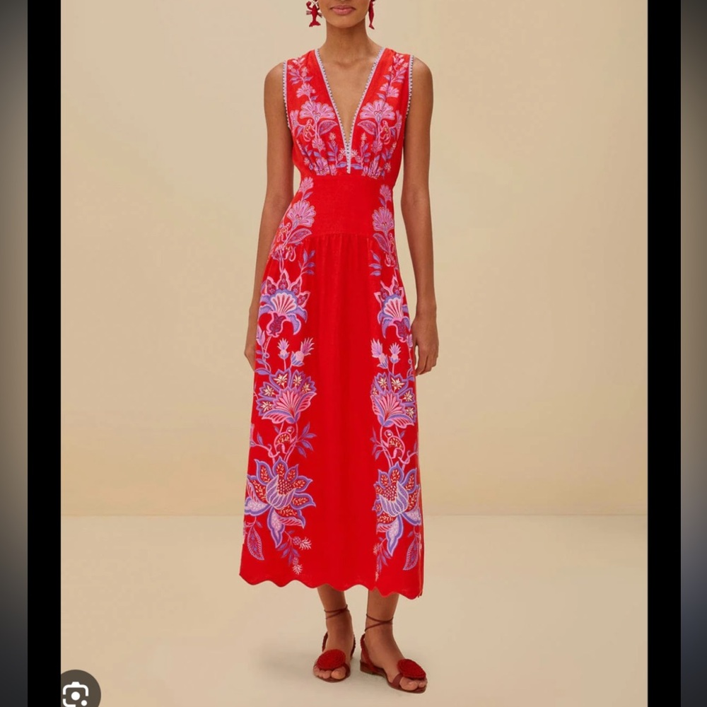 Farm Rio Red Porcelain Garden Euroflax™ Premium Linen Midi Dress